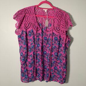 NEW Jennifer & Grace pink purple floral lace detail lightweight‎ pullover top